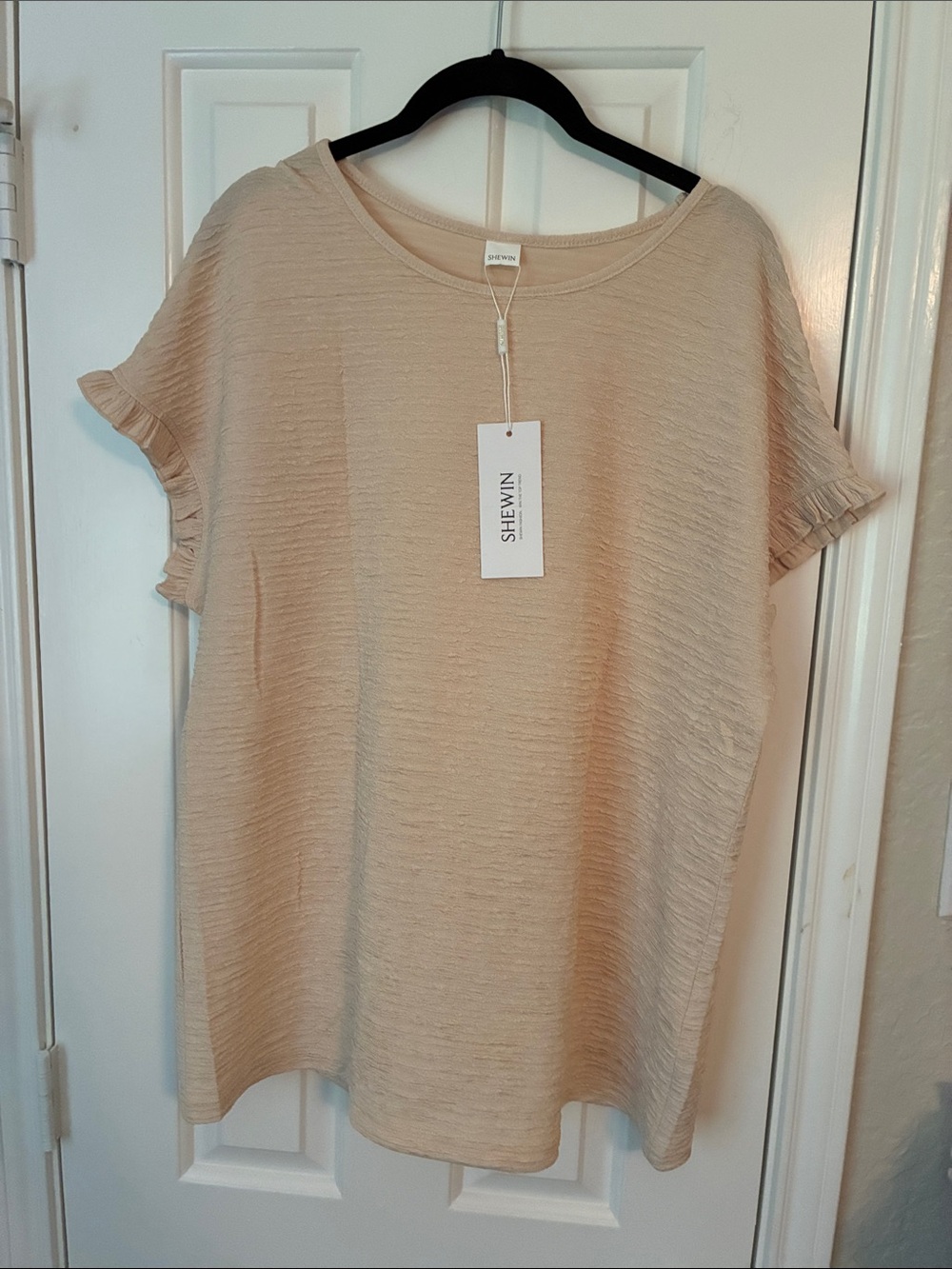 SHEIN Cream Textured Short Sleeve Ruffle-Sleeve Tee